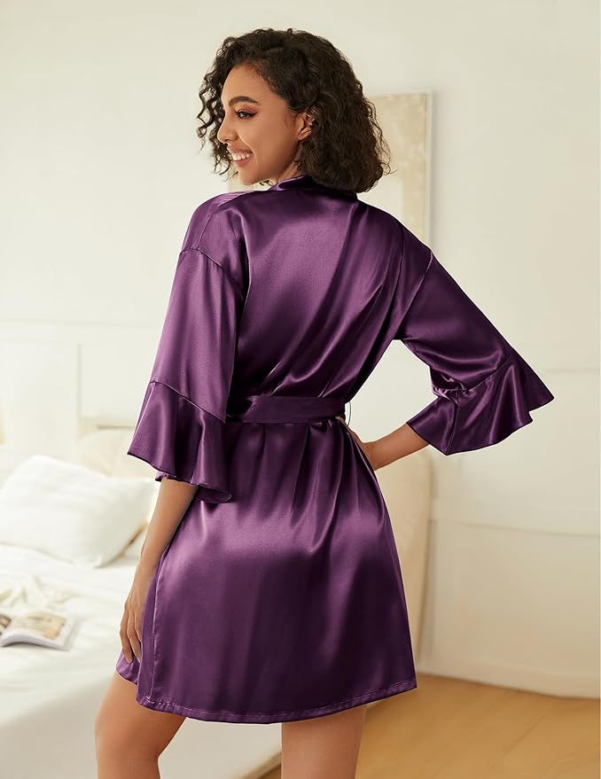 Ekouaer Women's Silk Robe Set V-neck 2 Piece Bridal Party Robes and Satin Bathrobe Set with Pockets