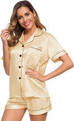 SWOMOG Womens Silk Satin Pajamas Set Short Sleeve Sleepwear Button Down Top and Shorts Loungewear 2 Piece Pjs Set XS-3XL