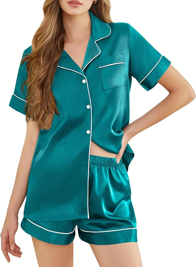 Silk Pajamas for Women Short Sleeve Sleepwear Soft Button Down Loungewear 2 Piece Satin Pjs Shorts Set S-XXL