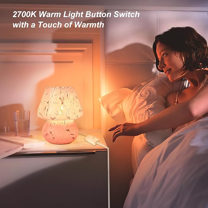 Mushroom Lamp, Small Bedside Table Lamp for Bedroom, Living Room, Cute Nightstand Lamp, Translucent Pink Glass Desk Light with E26 2700K Bulb, Home Decor Gift for Girls Women