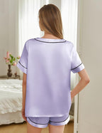 Silk Pajamas for Women Short Sleeve Satin 2 Piece Pj Set Soft V Neck Sleepwear Loungewear, S-XXL