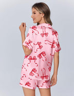 Ekouaer Womens Silk Satin Pajamas Set Animals Print Pjs Button Down Short Sleeve Lounge Set 2 Piece Sleepwear