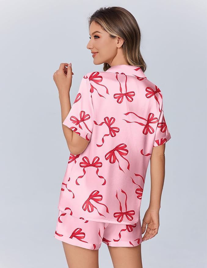 Ekouaer Womens Silk Satin Pajamas Set Animals Print Pjs Button Down Short Sleeve Lounge Set 2 Piece Sleepwear