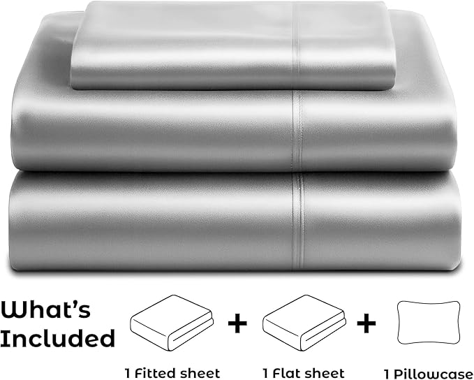 Pure Bedding Satin Sheets Twin [3-Piece, Grey] Hotel Luxury Silky Bed Sheets - Extra Soft 1800 Microfiber Sheet Set, Wrinkle, Fade, Deep Pocket Fitted Sheet, Flat Sheet, Pillow Cases