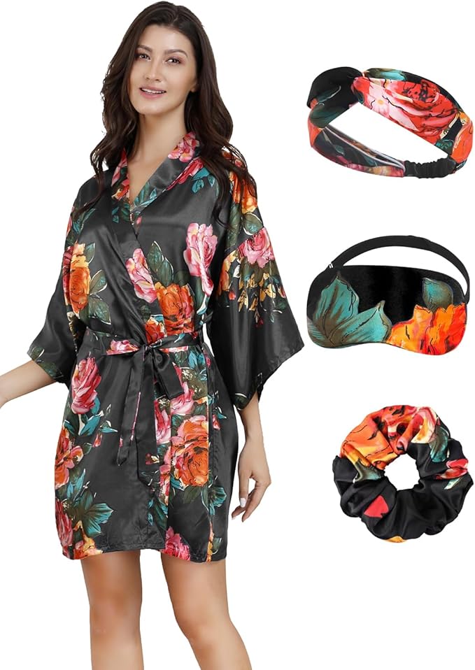 EPLAZA Silk Robes for Women Satin Robe Short Sexy Print Flower Kimono Loungewear Wedding Bridal Party