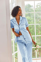 Ekouaer Silk Satin Pajamas Set Women Short Sleeve Sleepwear Soft Button Down Loungewear Pjs Set