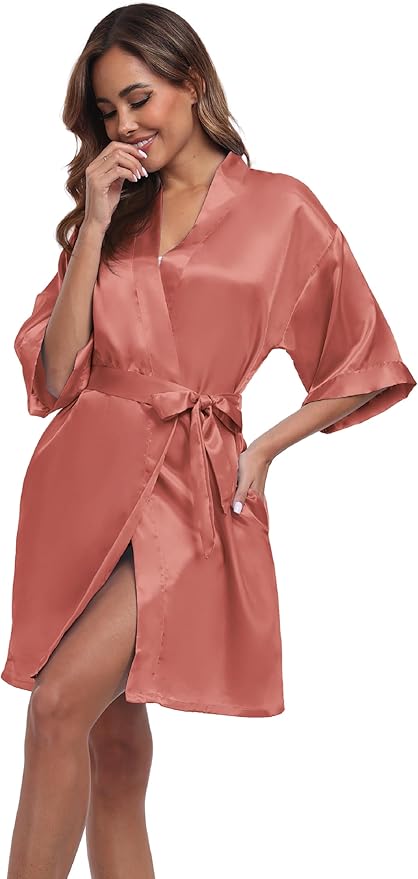 Women's Short Satin Robes Silky Bathrobe Bridesmaid Sleepwear for Wedding Party Getting Ready Solid Color