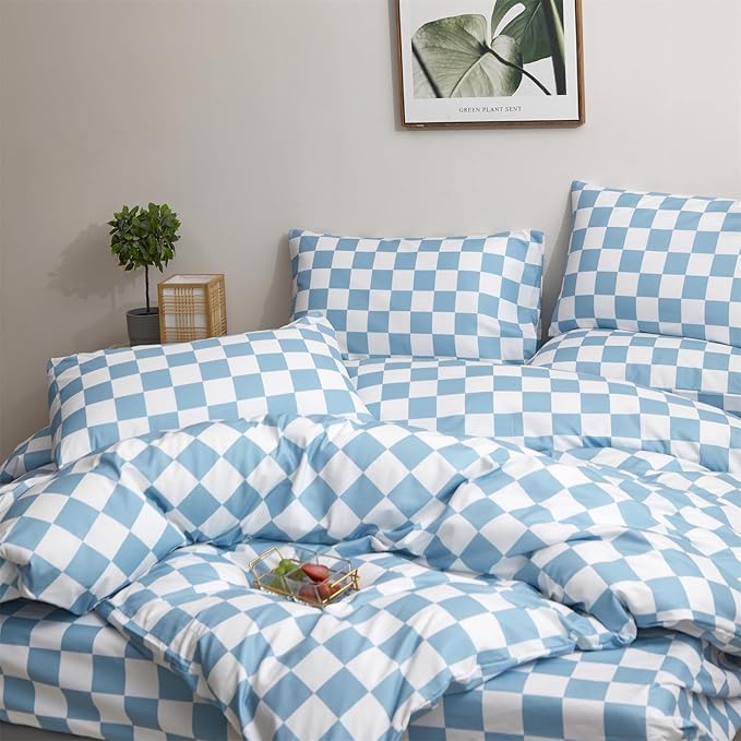 CLOTHKNOW Blue White Plaid Twin Comforter Set 3Pcs Grid Bedding Comforter Sets Kids Comforter Soft Light Blue Comforter Sets Twin with 2 x Pillow Cases