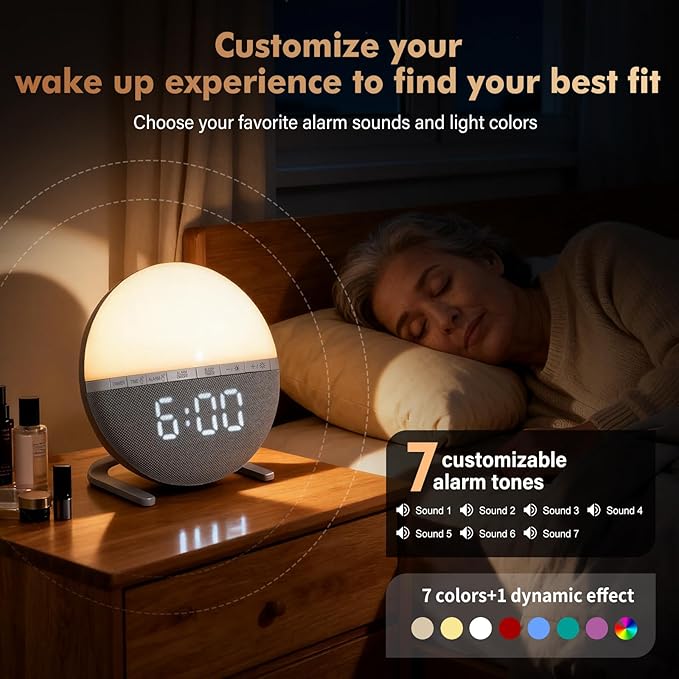 Sunrise Alarm Clock for Bedrooms – Gentle Wake Up Light with Soothing Night Light & Ambient Sounds, Alarm Clock for Heavy Sleepers, Shift Workers, Kids & Adult, Relaxing Bedside Lamp Gift