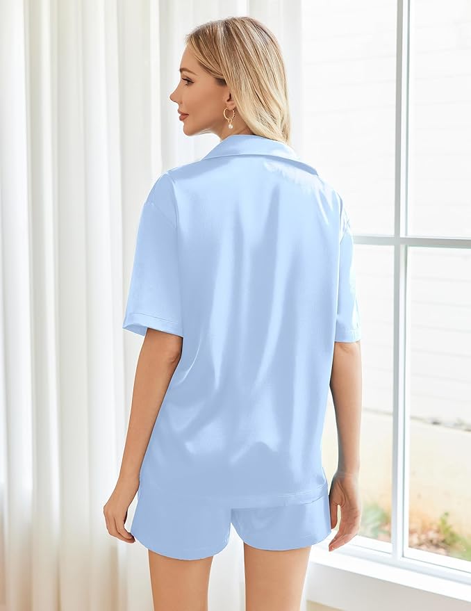 Ekouaer Pajamas for Women Silk Satin Pjs Soft Sleepwear Short Sleeve Button Down Pjs Top and Shorts 2 Piece Lounge Set S-XXL