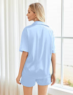 Ekouaer Pajamas for Women Silk Satin Pjs Soft Sleepwear Short Sleeve Button Down Pjs Top and Shorts 2 Piece Lounge Set S-XXL