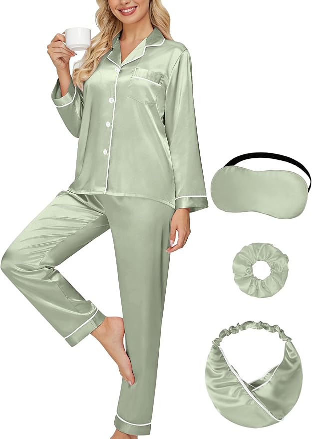 DOLOS Silk Satin Pajama Set for Women Short/Long Sleeve 2-Piece Silky Pajamas for Women Button Down Pjs Sleepwear Loungewear