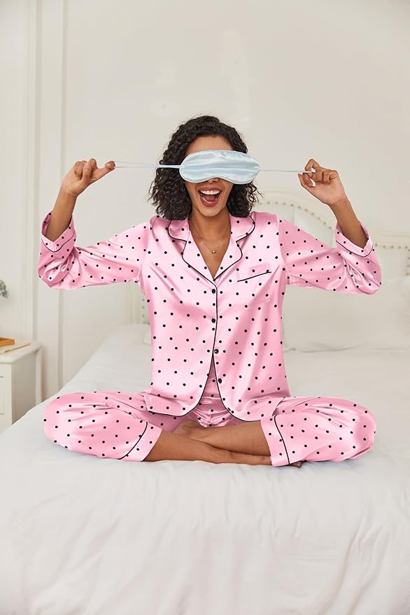 Ekouaer Women's Classic Button Down Long Satin Silk Pajama Set