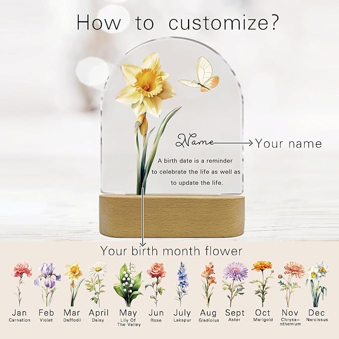 Personalized Birthday Gifts Acrylic Night Light Lamp Customized Birth Month Flower and Name Plaque Gifts for Women Mom from Daughter Son