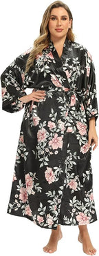 Women's Floral Long Satin Robes Plus Size Long Silk Robes Peacock Floral Kimonos Sleepwear Dressing Gown