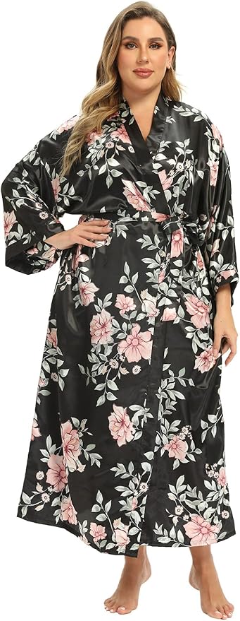 Women's Floral Long Satin Robes Plus Size Long Silk Robes Peacock Floral Kimonos Sleepwear Dressing Gown