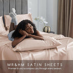 MR&HM Satin Bed Sheets, Twin XL Size Sheets Set, 3 Pcs Silky Bedding Set with 15 Inches Deep Pocket for Mattress (Twin XL, Champagne)