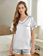Silk Pajamas for Women Short Sleeve Satin 2 Piece Pj Set Soft V Neck Sleepwear Loungewear, S-XXL