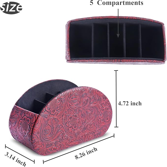 QIELIZI Remote Control Holder, PU Leather Remote Caddy Desktop Organizer with 5 Spacious Compartments for TV Remotes/Media Controllers/Office Supplies (1-Carved3 Red