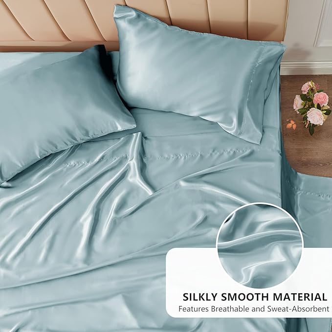 CozyLux Satin Sheets Full Size Sheets - 4 Piece Silky Full Size Bed Sheets, Luxury Light Blue Full Bed Set with Smooth and Soft Microfiber, Includes 1 Fitted Sheet, 1 Flat Sheet and 2 Pillowcases