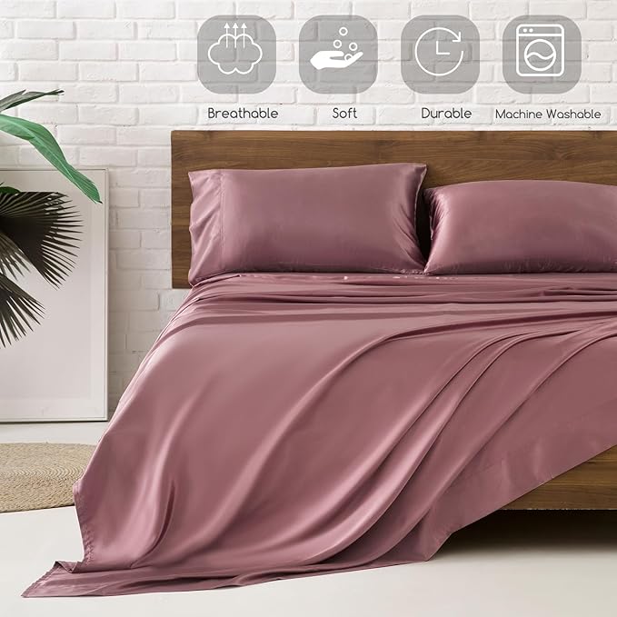 MR&HM Satin Bed Sheets, Queen Size Sheets Set, 4 Pcs Silky Bedding Set with 15 Inches Deep Pocket for Mattress (Queen, Rose Taupe)