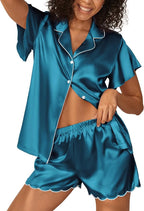 Ekouaer Women's Classic Button Down Ruffle Sleeves Short Satin Silk Pajama Set