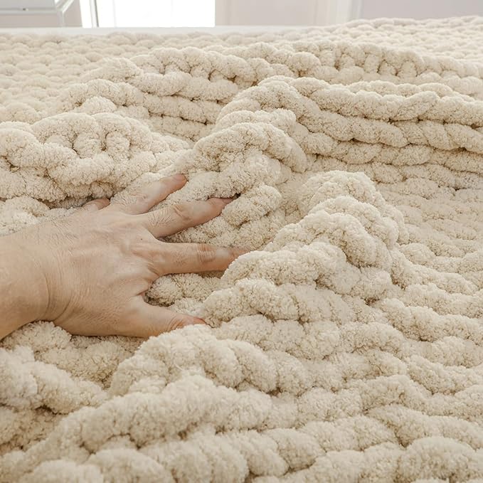 YAAPSU Chunky Knit Throw Blanket for Couch, 51"x63", 100% Hand Knitted Thick Cable Knit with Cozy Jumbo Chenille Yarn, Soft Large Rope Knot Crochet Blankets for Sofa Bed Living Room Décor, Beige