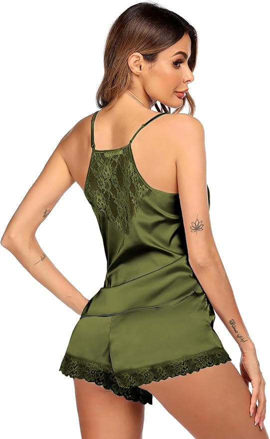 Ekouaer Satin Pajamas Women Lace Sleepwear Lingerie Cami Shorts Set Nightwear XS-XXL