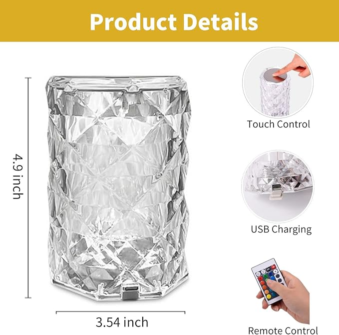 Crystal Lamp, Touching Control Table Lamp 16 Color Changing LED Rose Diamond Lamp River Silver Nightstand Night Light for Bedroom, Home Office, Bar Party, Christmas, Birthday Gifts (Small)