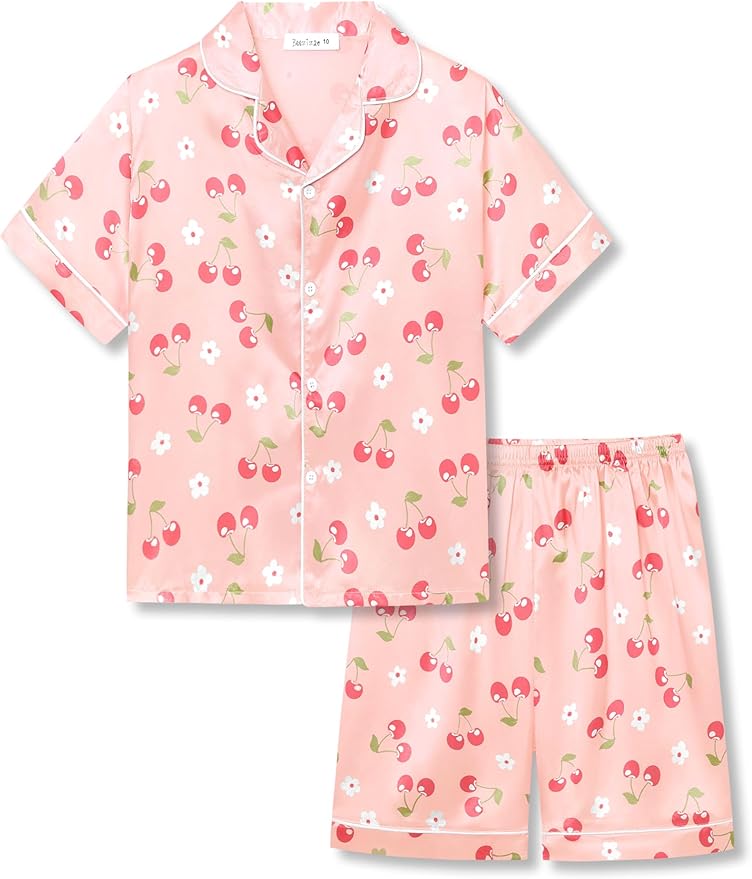 Beezizac Little & Big Girls Satin Silky Button Pajama Summer Short Sleeves Set Trendy Outfit Kid Size 6-16