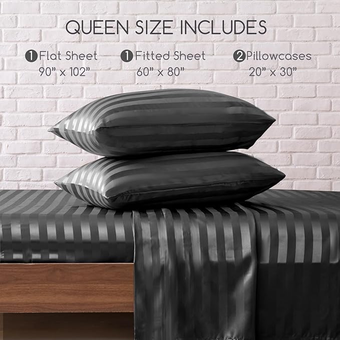 MR&HM Satin Bed Sheets, Queen Size Sheets Set, 4 Pcs Silky Bedding Set with 15 Inches Deep Pocket for Mattress (Queen, Dark Grey Striped)