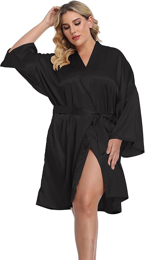 Women's Plus Size Short Silky Bathrobes Satin Kimono Robes Bride Bridesmaid Loungewear Soft Nightgown
