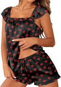 Satin Pajama Set for Women 2 Piece Silk Pjs Ruffle Sleeve Top and Shorts Cute Bridal Sleepwear Set S-XXL