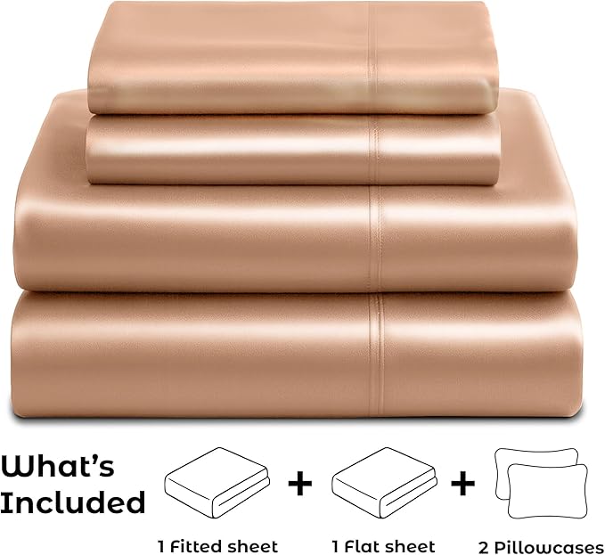 Pure Bedding Satin Sheets California King [4-Piece, Rose Gold] Hotel Luxury Silky Bed Sheets - Extra Soft Microfiber Sheet Set, Wrinkle Resistant - Deep Pocket Fitted Sheet, Flat Sheet, Pillow Cases
