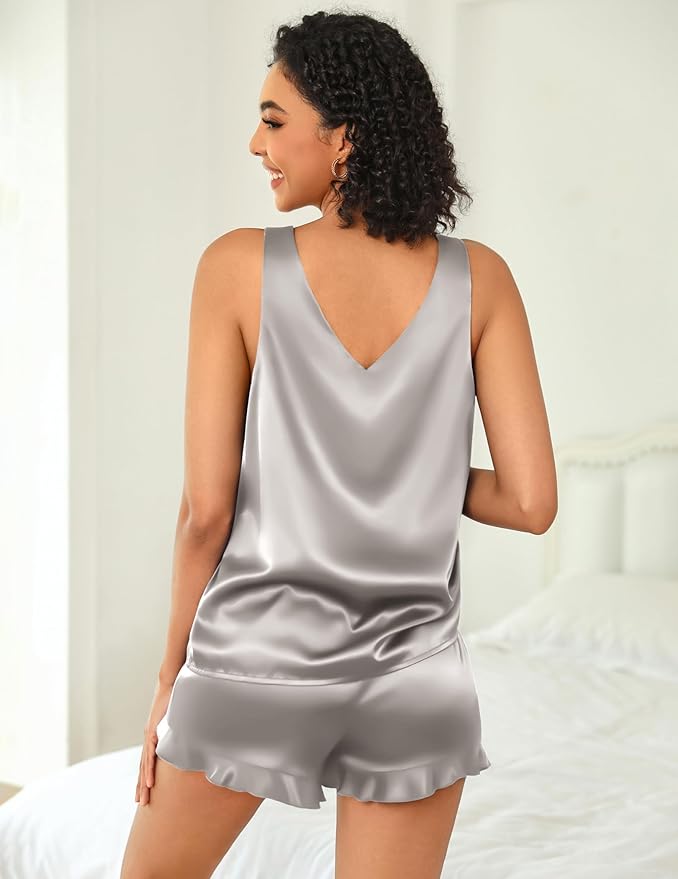 Ekouaer Womens Silk Pajamas Set 2 Piece Satin Camisole Pjs V Neck Tank Top and Shorts with Ruffle Sleepwear