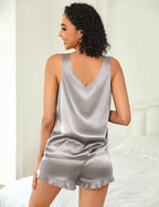 Ekouaer Womens Silk Pajamas Set 2 Piece Satin Camisole Pjs V Neck Tank Top and Shorts with Ruffle Sleepwear