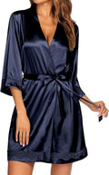 Ekouaer Women's Lace-Trim Silk Robes Bride Bridesmaid Kimono Satin Bathrobe V Neck Sleepwear with 3/4 Sleeve