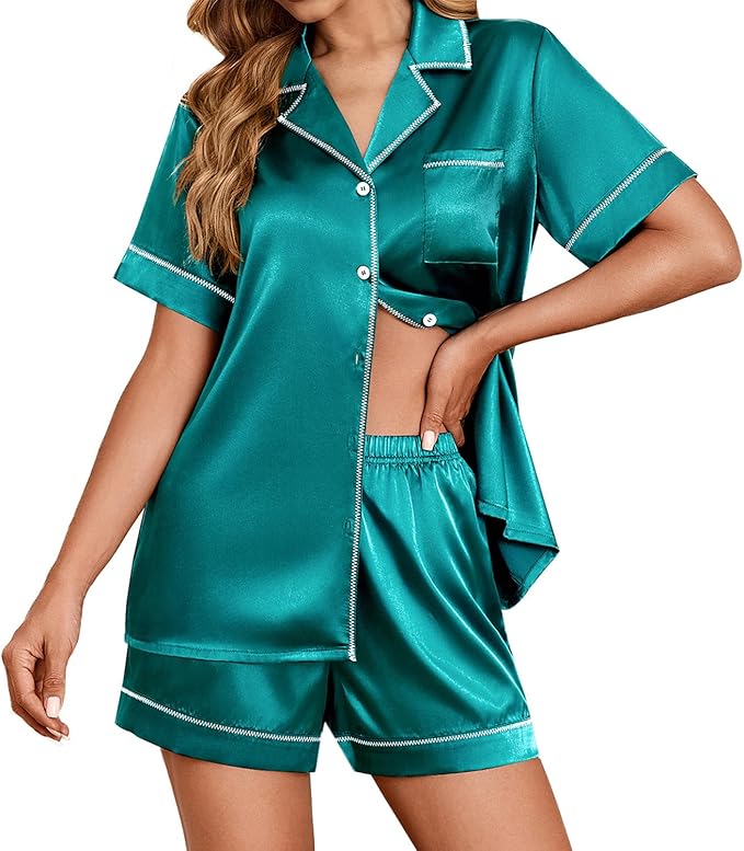 Ekouaer Womens Satin Silk Pajamas Set Short Sleeve Sleepwear Button Down Top and Shorts Loungewear 2 Piece Pjs Set S-XXL