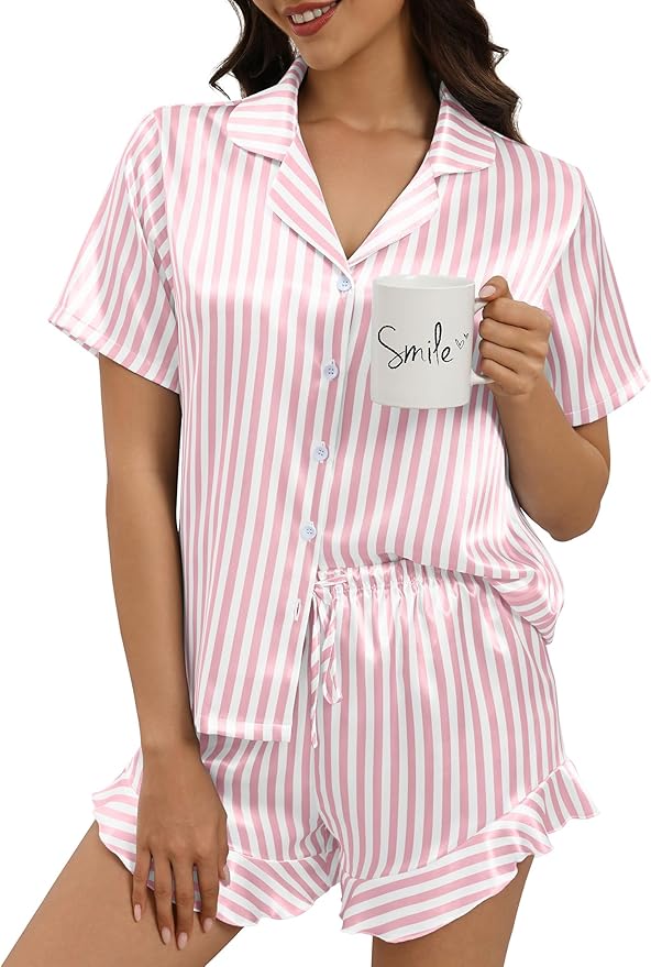 Silk Pajamas for Women Button Down 2 Piece Satin Pjs Shorts Set Ruffle Notch Collar Sleepwear Loungewear