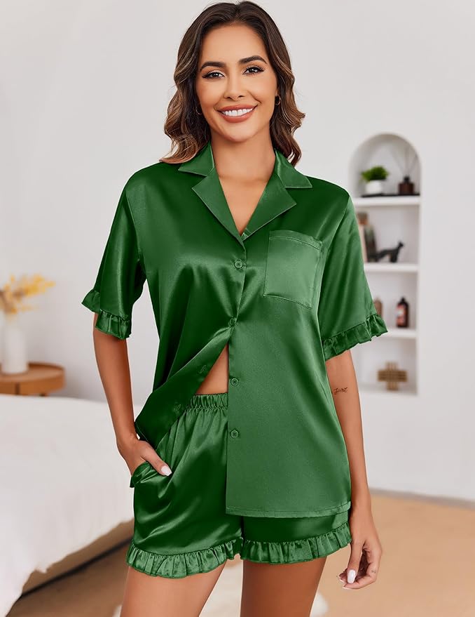 Ekouaer Satin Pajama Set for Women Button Down Silk 2 Piece Pj Sets Ruffle Short Sleeve Sleepwear
