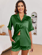Ekouaer Satin Pajama Set for Women Button Down Silk 2 Piece Pj Sets Ruffle Short Sleeve Sleepwear