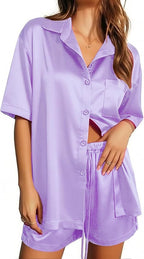Ekouaer Pajamas for Women Silk Satin Pjs Soft Sleepwear Short Sleeve Button Down Pjs Top and Shorts 2 Piece Lounge Set S-XXL