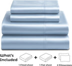 Pure Bedding Satin Sheets California King [4-Piece, Baby Blue] Hotel Luxury Silky Bed Sheets - Extra Soft Microfiber Sheet Set, Wrinkle Resistant - Deep Pocket Fitted Sheet, Flat Sheet, Pillow Cases
