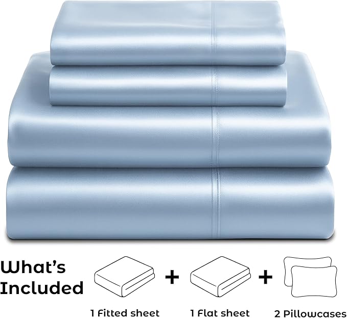 Pure Bedding Satin Sheets California King [4-Piece, Baby Blue] Hotel Luxury Silky Bed Sheets - Extra Soft Microfiber Sheet Set, Wrinkle Resistant - Deep Pocket Fitted Sheet, Flat Sheet, Pillow Cases