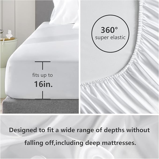 CozyLux Satin Sheets King Size Sheet Set - 4 Piece Silky King Sheets, Luxury White King Bed Set with Smooth and Soft Microfiber, Includes 1 Fitted Sheet, 1 Flat Sheet and 2 Pillowcases