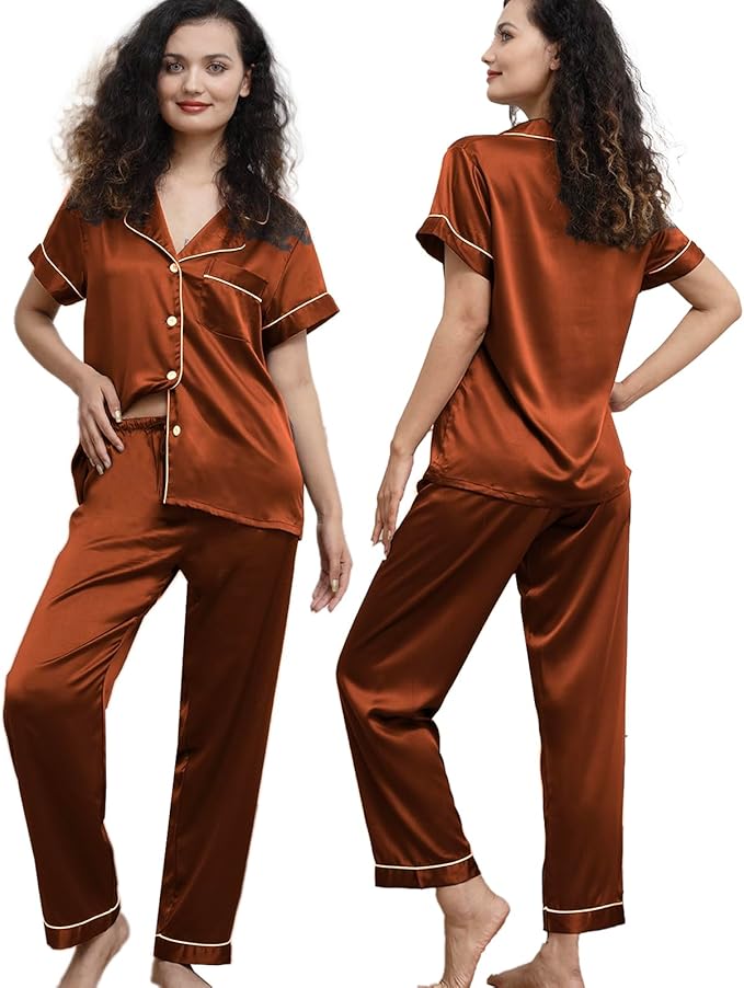 WJing Yi Jia Womens Pajamas Set XS-4XL Floral Silk Satin Pajama Sets Silky Pj Sets 2Pcs Loungewear Sleepwear Button Down Pjs