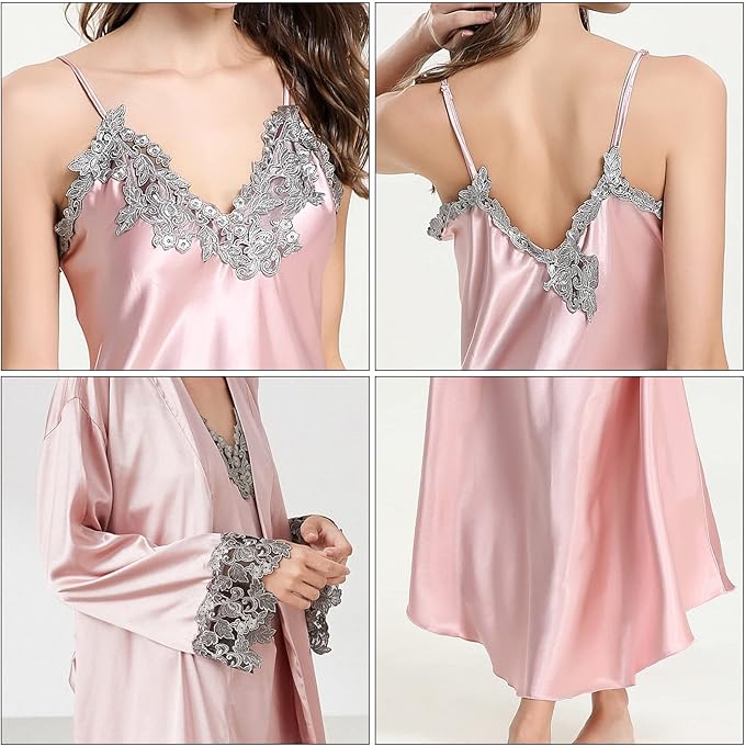 FEOYA Women's 2 Piece Satin Nightgown and Robe Sexy Silk Lace Pajamas Set Long V Neck Sleepwear for Ladies