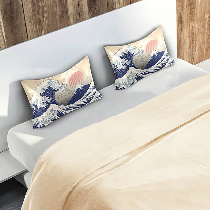 Satin Pillowcase for Hair and Skin, Japanese Wave Ocean Silk Pillowcase Soft and Cozy Body Pillow Covers, Queen Size Satin Pillow Cases with Envelope Closure(20x30 Inch), 1PC
