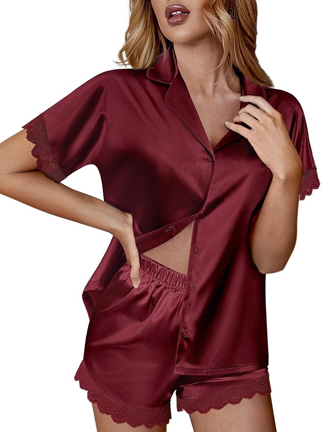 Ekouaer Womens Lace Satin Pajama Set Button Down Pj Shorts Set Bridesmaids Getting Ready Outfits Casual Sleepwear XS-XXL