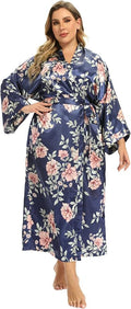 Women's Floral Long Satin Robes Plus Size Long Silk Robes Peacock Floral Kimonos Sleepwear Dressing Gown